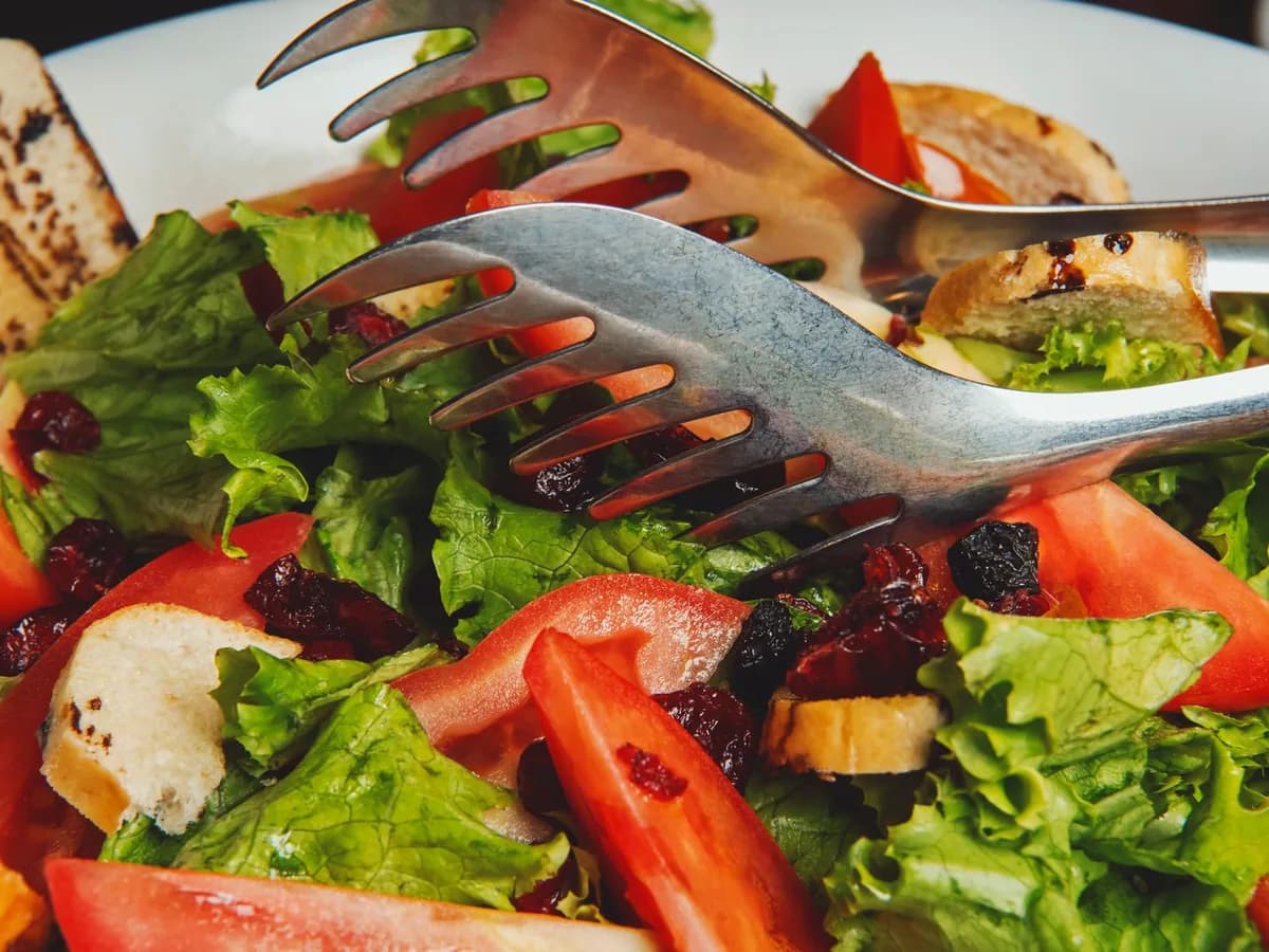 Delicious fresh salad with lettuce, tomatoes, and bread crostini, garnished with cranberries.