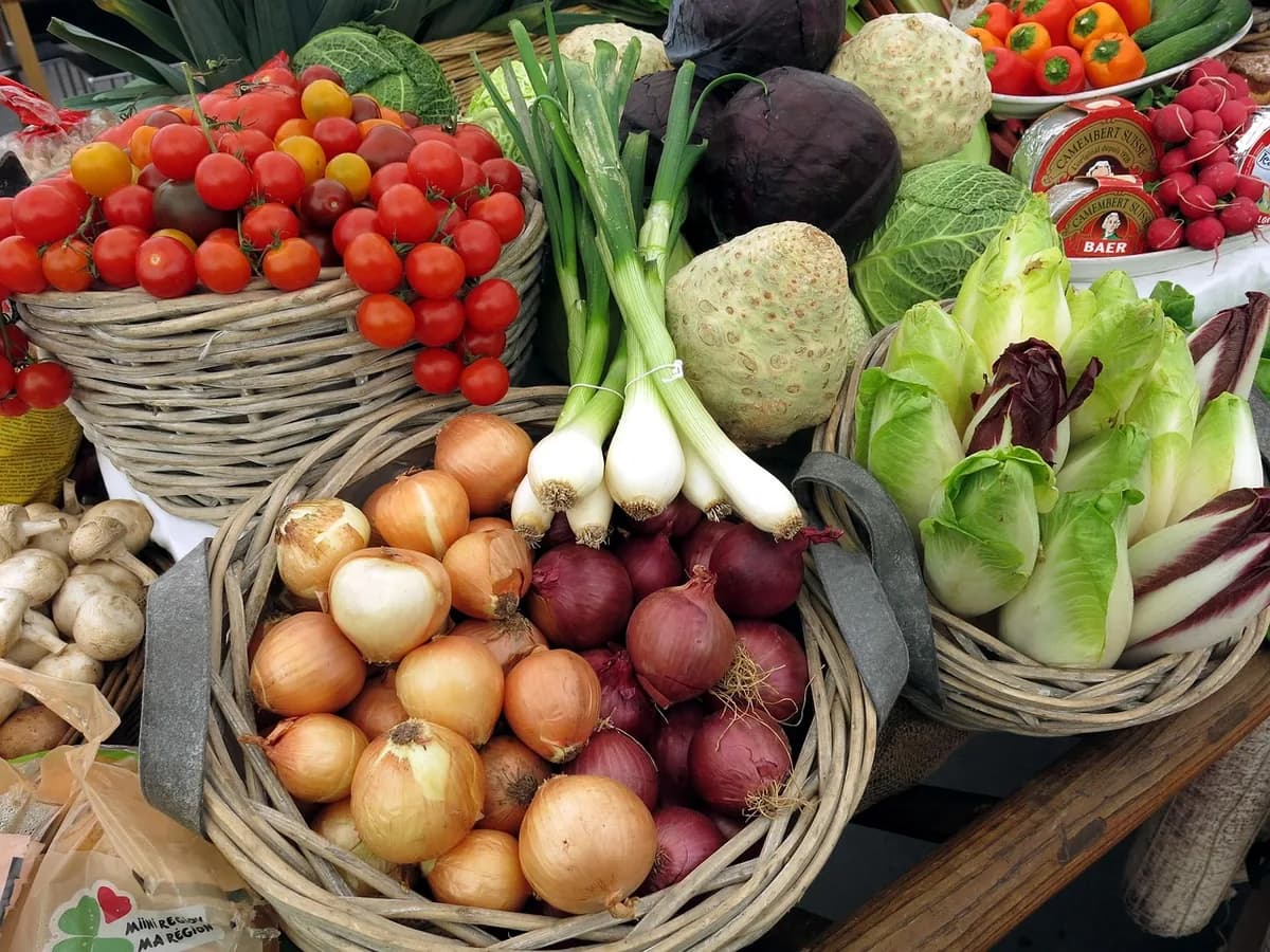 vegetables, tomatoes, leek, salad, onions, healthy, meal, multicoloured, nourishment, food, yummy, switzerland, enjoyment, potatoes, vitamins, range, shopping, ingredients, kitchen, vegetarian, celery, basket, farmer, farm yard, agriculture, harvest, vegan, cabbage, kabis, cherry tomatoes, red cabba
